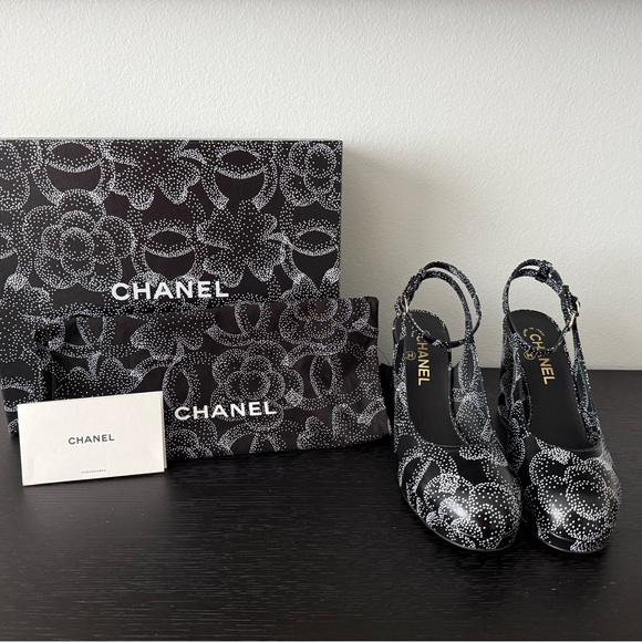 Chanel Black and White High Heeled Slingback Sandals - Picture 1 of 9